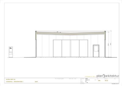 Snittegning av en vaskehall som viser høyder, takform og inngangsdør.