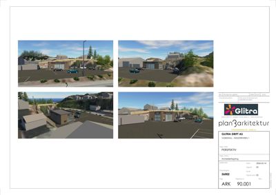Bildet viser fire 3D-perspektivtegninger (renderinger) av en planlagt bygning sett fra ulike vinkler, inkludert omgivelser og parkeringsplass.