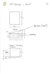 Håndtegning som viser dimensjoner og oppsett for en ATV-garasje med carport.