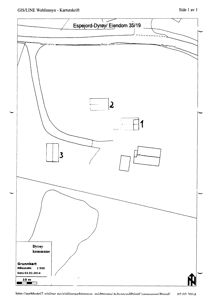 Situasjonsplan eller grunnkart som viser eiendommen 'Espejord-Dyrøy Eiendom 35/19'. Planen illustrerer tomtens grenser, vegforhold, og plassering av tre bygninger (merket 1, 2 og 3).
