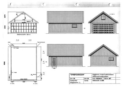 Bildet viser fasadetegninger av en garasje, inkludert front- og sideutsikt med mål og detaljer.