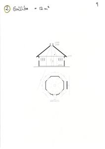 Bildet viser en tegning med et etasjeplan (nederst) og en fasadetekning (øverst) for en bygning, sannsynligvis en grillhus.