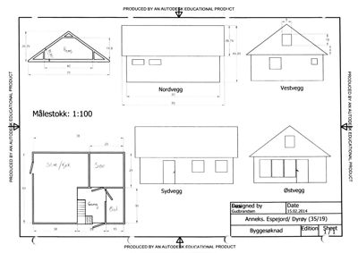 Bildet viser en tegning med fasadeoppriks (Nordvegg, Vestvegg, Sydvegg, Østvegg) og en del av et etasjeplan med romfordeling.