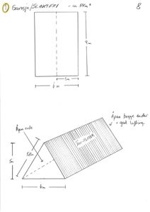 Håndtegnet etasjeplan og takutsnitt for en garasje/slagteri med mål og notasjoner om ventilasjon.