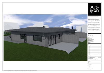 3D-visualisering av en planlagt enebolig med fasade, tak og omgivelser