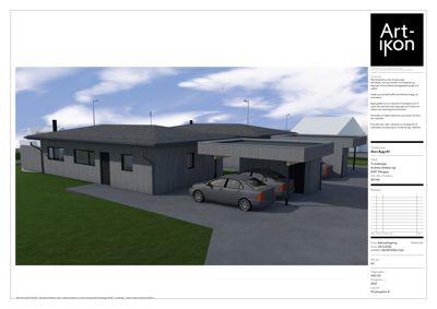 3D-visualisering av en planlagt enebolig med biloppstellingsplass, sett fra siden.