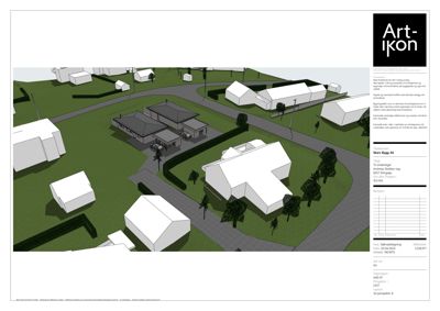 3D-visualisering (rendering) av et boligfelt med flere hus, veier og grøntområder sett fra et vinklet perspektiv.