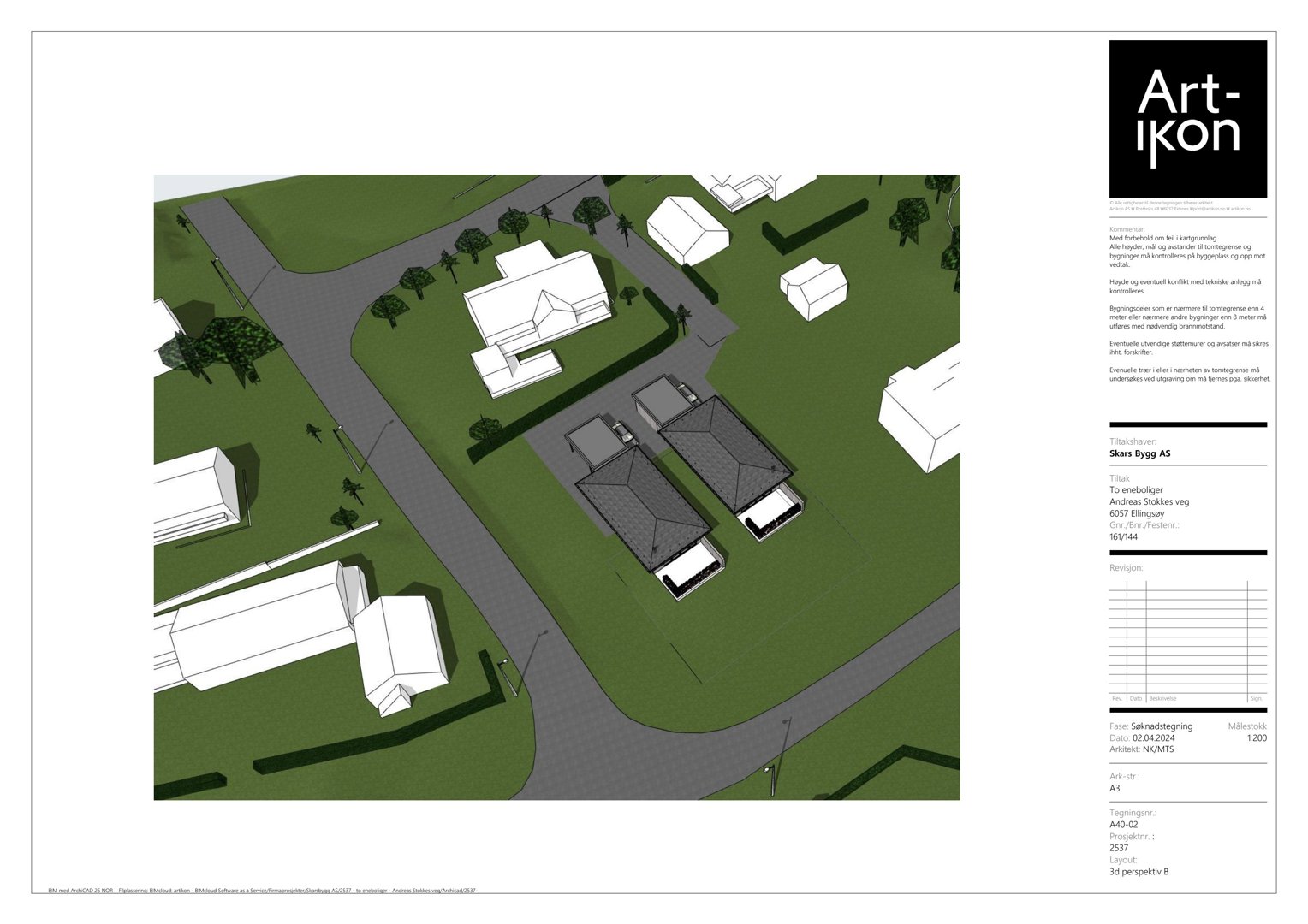 3D-visualisering (rendering) av et forslag til tomteløsning med hus, garasje og omgivelser sett fra et høydeperspektiv.