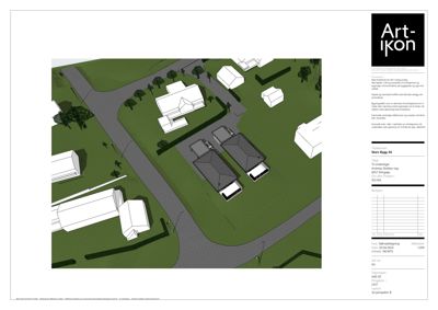 3D-visualisering (rendering) av et forslag til tomteløsning med hus, garasje og omgivelser sett fra et høydeperspektiv.