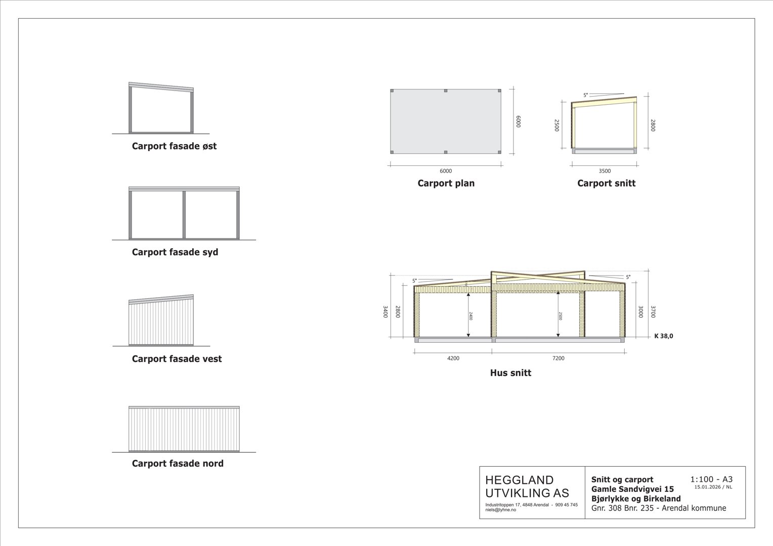 Tegning som viser fasadeoppsett for en carport sett fra fire sider (øst, syd, vest, nord) samt en plan og et snitt.
