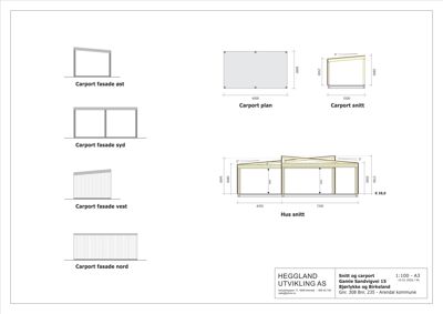 Tegning som viser fasadeoppsett for en carport sett fra fire sider (øst, syd, vest, nord) samt en plan og et snitt.