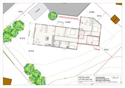 Situasjonsplan som viser bygningens plassering på tomten, omgivende beplantning, carport og høydemål.