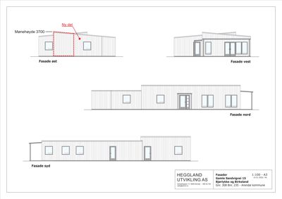 Fasadetegning som viser bygningens utseende fra fire sider (øst, vest, nord og syd).