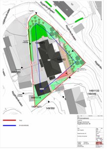 Situasjonsplan som viser tomtens form, grenser, nabobebyggelse, veier og planlagt plassering av bygninger.