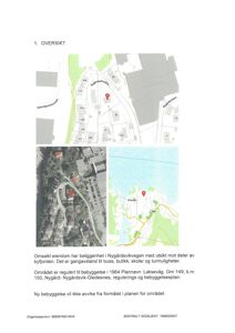 Bildet viser en oversikt over eiendom med flere kartlag (situasjonsplan, flyfoto, reguleringsplan) og tekstbeskrivelse av beliggenhet og planstatus.