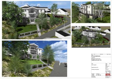En samling av 3D-visualiseringer (renderinger) av en planlagt villa sett fra ulike vinkler, inkludert fasade og omgivelser.