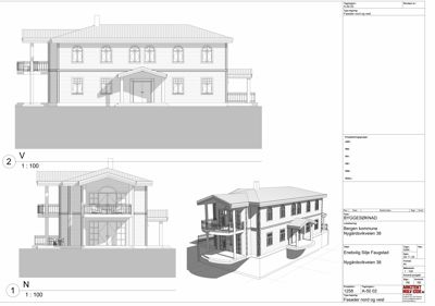 Fasadetegning som viser bygningens utseende fra nord og vest, inkludert både linjetegning og 3D-visualisering.