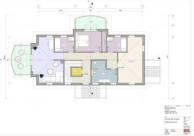 Etasjeplan (1. etasje) som viser romfordeling, møblering og dimensjoner for en bolig.