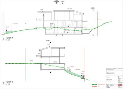 Snittegning (T-profil) som viser bygningens tverrsnitt, høyder, grunnforhold og terrengprofil.