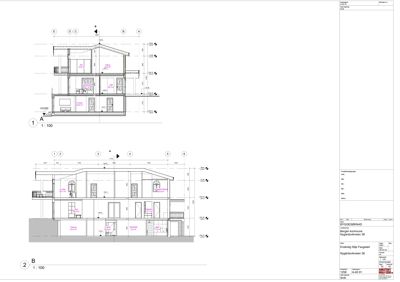 Snittegning (A-A og B-B) som viser bygningens tverrsnitt, høyder, romfordeling og konstruksjonsdetaljer.