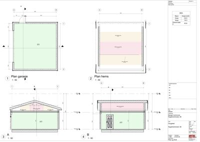 Etasjeplaner for en garasje og et hems, inkludert snittegninger (A-A og B-B) og et arealoversikt (BRA).