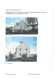 To fotografier av hvite villaer i klassisk stil, med tekstbeskrivelse om omkrinngående bebyggelse.