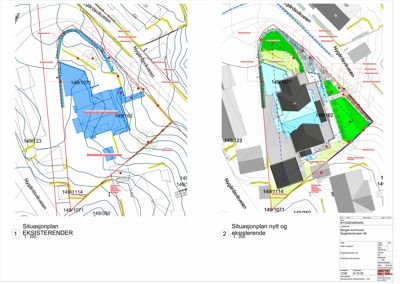 Situasjonplaner som viser eksisterende og planlagt bygning på tomt med tilhørende vegnavn og eiendomsnummer.