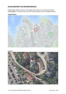 Bildet viser en oversiktskart og et flyfoto som illustrerer beliggenheten til en tomt i Bergen kommune.