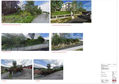 Et sammensatt bilde som viser eksisterende og planlagt tilstand (rendering) av eiendom, inkludert veg, hekk og hus.