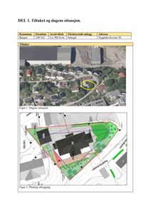 Dokumentasjon av en byggesak som viser dagens situasjon (flyfoto) og planlagt utbygging (situasjonsplan) for eiendommen på Nygårdsvikveien 38.