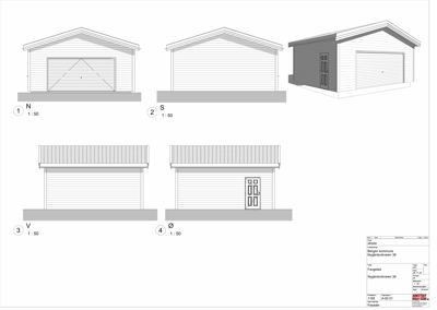 Fasadetegning som viser front- og sideutsyn av en garasje med dører og vindusåpninger.