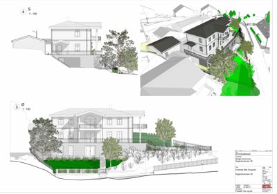 Fasadetegninger (opprikk) av en bolig sett fra sør (S) og øst (Ø) med tilhørende situasjonsplaner.