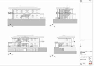 Fasadetegning som viser bygningens utsyn fra fire sider (V, N, Ø, S) med skala 1:100.
