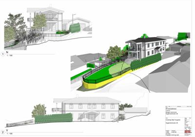 Fasadetegning som viser bygningens utseende fra nord (N) og vest (V), inkludert terrengforhold, hekk og gjerde.