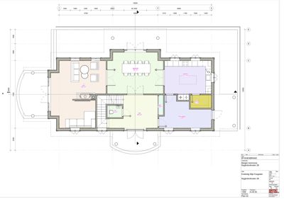 Etasjeplan (1. etasje) som viser romfordeling, vegger, dører og møblement for en bolig.
