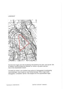 Situasjonsplan som viser eiendommens beliggenhet i forhold til omgivelsene, inkludert topografi, vei og naboeiendommer.