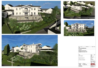 En samling av 3D-visualiseringer (renderinger) av en planlagt villa sett fra ulike vinkler, inkludert fasade og situasjon med omgivelser.