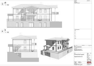 Fasadetegning med oppriss av bygning sett fra sør og øst, inkludert både linjetegning og 3D-visualisering.