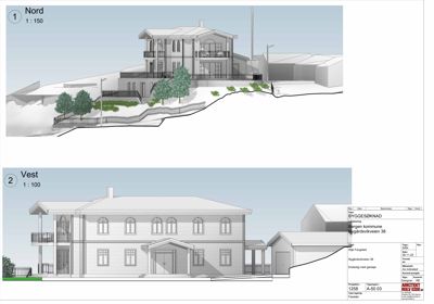 Fasadetegning med oppriss av bygning sett fra Nord og Vest.
