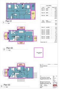 Etasjeplaner (Plan 01, 02 og 03) med romfordeling, arealoppgivelser (BRA) og en garasjeplan.