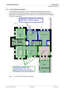 Etasjeplan (underetasjen) med romfordeling og spesifikke krav til lydisolering for himlinger markert med farger og tekstbokser.