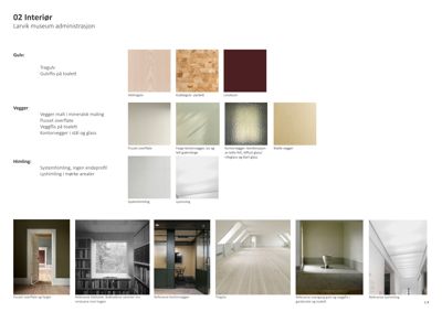 Et referansebilde (moodboard) som viser ulike materialvalg for gulv, vegger og himling, samt eksempler på ferdige løsninger.