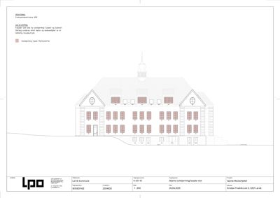Fasadetegning som viser oppriss av bygningens ytre med vinduer, dører og solskjerming.