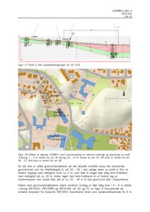 Kartutsnitt som viser bygningers plassering i forhold til gater og terreng, med overlag av geotekniske profiler (grønn, rosa, gul).
