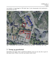 Situasjonsplan med flyfoto som grunnlag, som viser bygningers plassering på tomten og markeringer for riving (rødt) og bruksendring (blått).