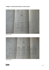 Fotografier av historiske tegninger som viser fasadeopprikk av en bygning (skole) sett fra sør og øst.