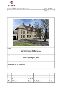 Fotografi av Gamle Mesterfjellet skole, inkludert bygningens fasade og omgivelser.