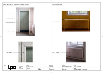 Et sammensatt bilde som viser fotografier av en dør og to typer radiatorer, med tekster som beskriver hva som skal bevares eller brukes.