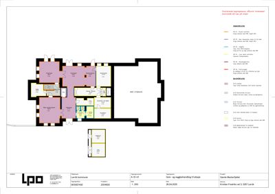 Etasjeplan (gulv- og veggbehandling) for Garde Mesterløftet, som viser romfordeling, vegger og gulvtyper.