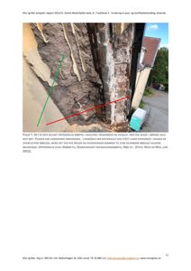 Fotografi av en vegg med skadet puss og murverk, inkludert tekstdokumentasjon om skadeårsaker og materialer.